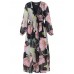 Women Sexy Maxi V-Neck Dress Floral Belted Waist  Long Sleeve Dresses