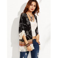 Black Floral Print Tassel Patchwork Loose Beach Summer Cardigans