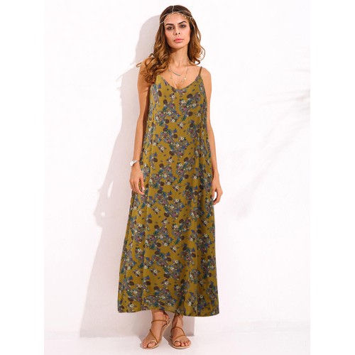 Bohemian Women Spaghetti Strap Floral Printed Loose Maxi Dress