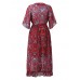 Bohemian Women V-Neck Floral Printed High Waist Flared Sleeve Chiffon Dress