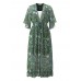 Bohemian Women V-Neck Floral Printed High Waist Flared Sleeve Chiffon Dress