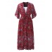 Bohemian Women V-Neck Floral Printed High Waist Flared Sleeve Chiffon Dress