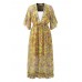 Bohemian Women V-Neck Floral Printed High Waist Flared Sleeve Chiffon Dress