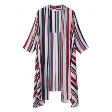 Women Colorful Striped 3/4 Sleeve Irregular Hem Cardigans