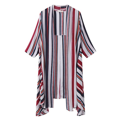 Women Colorful Striped 3/4 Sleeve Irregular Hem Cardigans