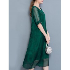 Elegant Women O-Neck Pure Color Half Sleeve Slim Midi Dress