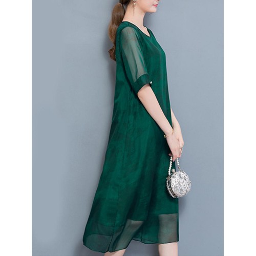 Elegant Women O-Neck Pure Color Half Sleeve Slim Midi Dress