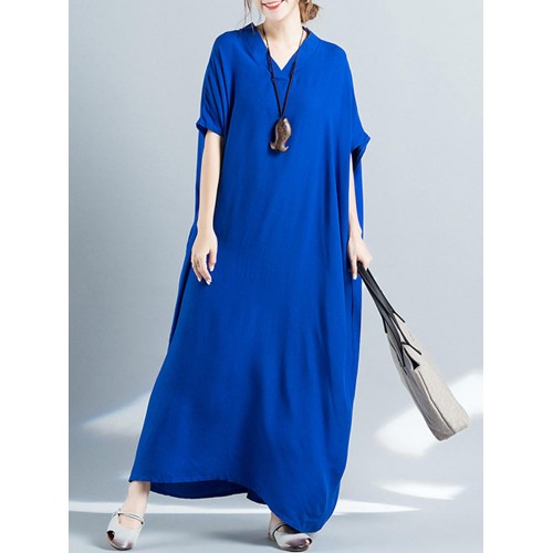 Women Loose Casual Pure Color Batting Sleeve Tunic Maxi Dress