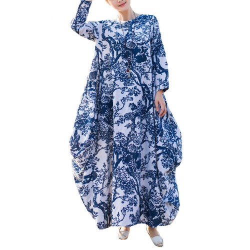 Loose Women Floral Printed Long Sleeve O-Neck Robe Dress