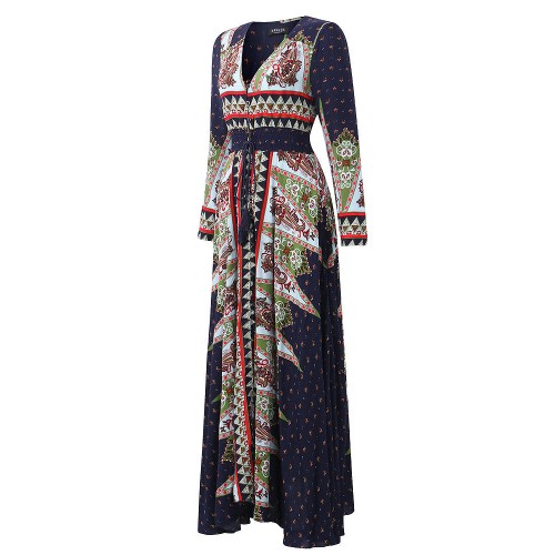 OEUVRE Bohemian Women V-Neck Printed Beach Party Maxi Dress