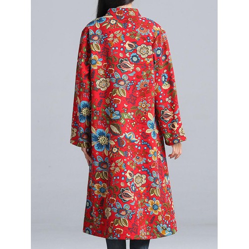 Folk Style Women Printed Plate Buckle Long Sleeve Coats