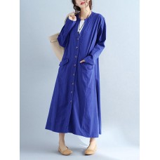 Women V Neck Buttons Open Cardigan Long Sleeve Maxi Dress