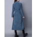 Retro Women Corduroy Long Sleeve Solid Color Belted Long Trench Coat