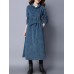 Retro Women Corduroy Long Sleeve Solid Color Belted Long Trench Coat