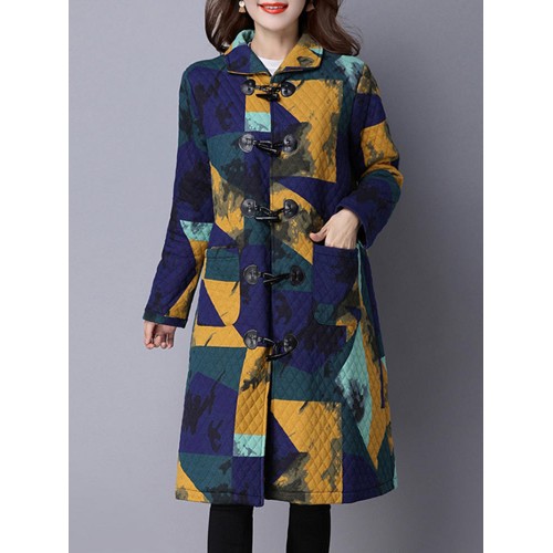 Casual Women Long Sleeve Color Block Horn Button Coat