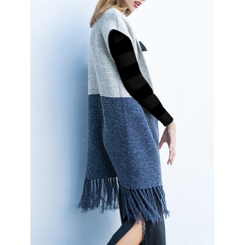 Casual Women Contrast Color Tassels Fringe Sleeveless Cardigan