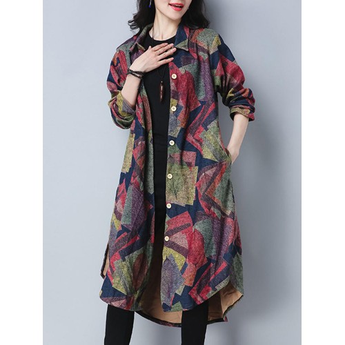 Printed Long Sleeve Single Breasted Lapel Women Long Shirt Cardigan