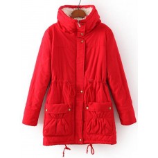 Casual Loose Solid Color Drawstring Waist Thicken Hooded Women Coats