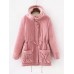 Casual Loose Solid Color Drawstring Waist Thicken Hooded Women Coats