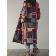 Vintage Patchwork Long Sleeve Plate Buckles Thicken Women Coats