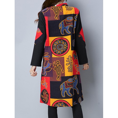 Ethnic Women Print Patchwork Plate Buckle Loose Vintage Coats