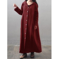 Women Vintage Hooded Buttons Pockets Casual Maxi Coats