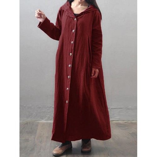 Women Vintage Hooded Buttons Pockets Casual Maxi Coats