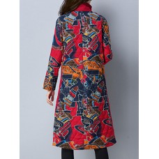 Vintage Women Printed High Collar Long Sleeve Coats