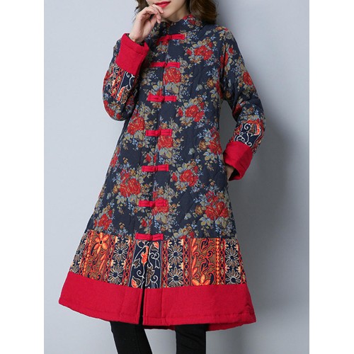 Vintage Women Printed Plate Buckle Long Sleeve Women Coats