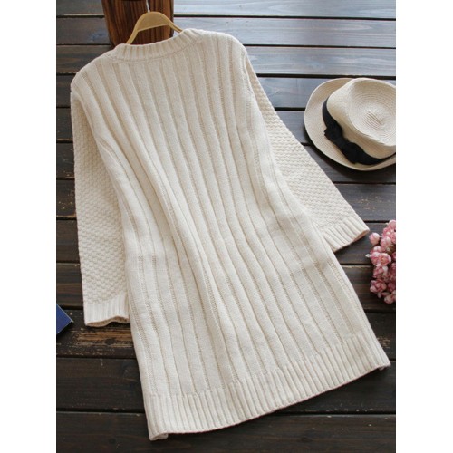 Casual Women Pure Color Long Sleeve V-Neck Knitted Cardigan with Pocket