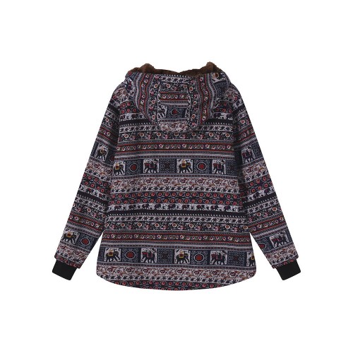 Ethnic Printed Long Sleeve Fleece Thick Women Hooded Coats