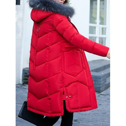 Women Pure Color Long Sleeve Hooded Mid-Long Down Coats