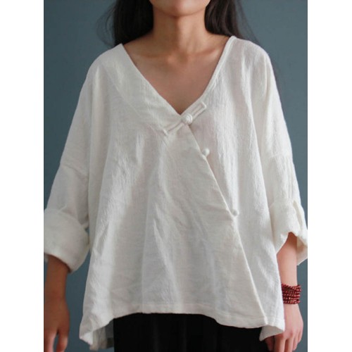 Women Casual Long Sleeve V-neck Plate Buckle Solid Asymmetric Blouses