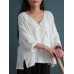 Women Casual Long Sleeve V-neck Plate Buckle Solid Asymmetric Blouses