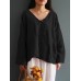 Women Casual Long Sleeve V-neck Plate Buckle Solid Asymmetric Blouses