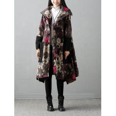 Vintage Women Printed Patchwork Pocket Velvet Long Sleeve Coat