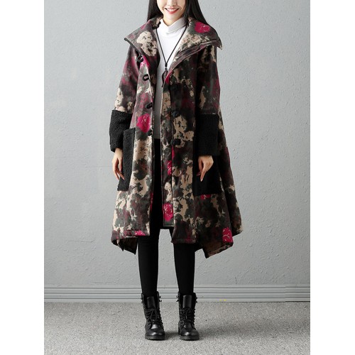 Vintage Women Printed Patchwork Pocket Velvet Long Sleeve Coat