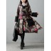 Vintage Women Printed Patchwork Pocket Velvet Long Sleeve Coat