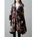 Vintage Women Printed Patchwork Pocket Velvet Long Sleeve Coat