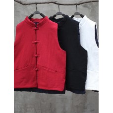 Women Plate Buckle Sleeveless Stand Collar Vintage Cotton Coats