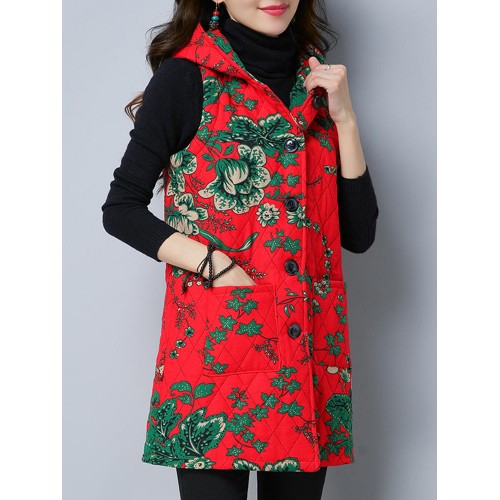 Folk Style Printed Sleeveless Pocket Hooded Cotton Coats