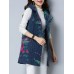 Folk Style Printed Sleeveless Pocket Hooded Cotton Coats