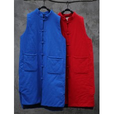 Vintage Women Sleeveless Plate Buckle Pocket Winter Solid Color Vest Coats