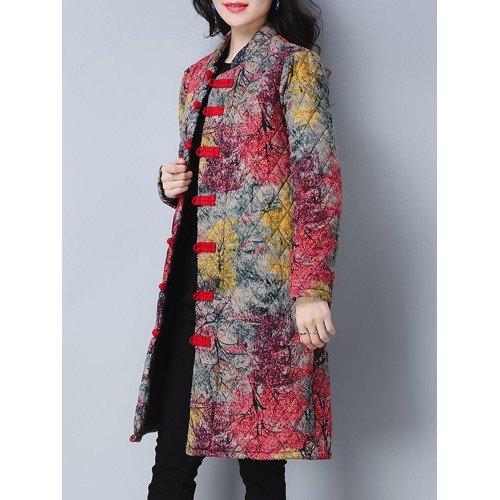 Vintage Women Printed Long Sleeve Stand Collar Winter Coat