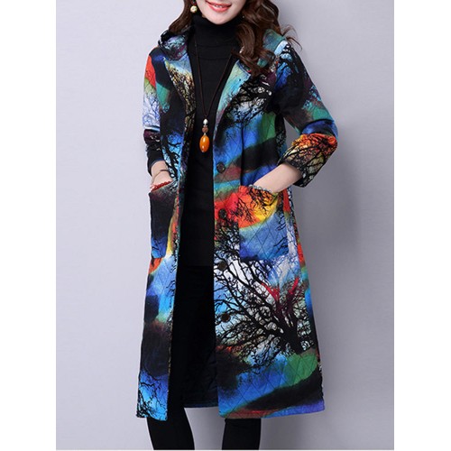 Folk Style Women Hooded Floral Printed Cotton-Padded Long Winter Coat