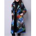 Folk Style Women Hooded Floral Printed Cotton-Padded Long Winter Coat