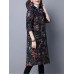 Folk Style Women Hooded Floral Printed Cotton-Padded Long Winter Coat