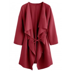 Casual Women Waterfall Collar Pocket Front Wrap 3/4 Sleeve Trench Coats with Belt