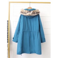 M-5XL Women Loose Pure Color Fur Hooded Winter Wool Long Sleeve Coats