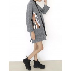 Horse Printed Long Sleeve Open Front Women Pocket Woolen Coat